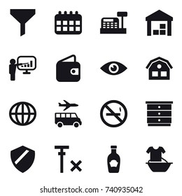 16 vector icon set : funnel, calendar, cashbox, warehouse, presentation, wallet, house, globe, transfer, no smoking, chest of drawers, handle washing