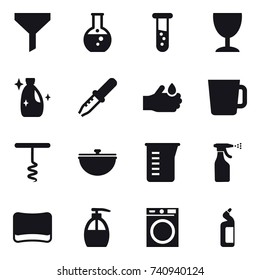 16 vector icon set : funnel, round flask, vial, wineglass, cleanser, cup, corkscrew, cauldron, measuring cup, sprayer, sponge, liquid soap, washing machine, toilet cleanser
