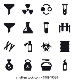 16 vector icon set : funnel, nuclear, quantum bond, vial, fertilizer, washing powder, toilet cleanser