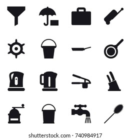 16 vector icon set : funnel, suitcase iocn, suitcase, handwheel, bucket, pan, kettle, garlic clasp, knife holder, hand mill, water tap, duster