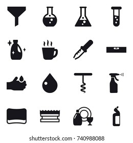 16 vector icon set : funnel, round flask, flask, vial, cleanser, hot drink, level, drop, corkscrew, sprayer, sponge, dish cleanser, toilet cleanser