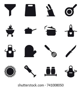16 vector icon set : funnel, cutting board, stands for knives, pan, bbq, saute pan, steam pan, apron, cook glove, whisk, knife