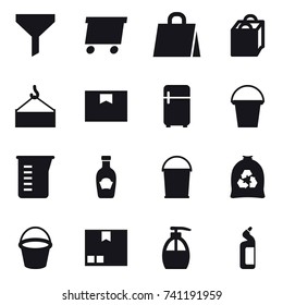 16 vector icon set : funnel, delivery, shopping bag, fridge, bucket, measuring cup, garbage bag, package, liquid soap, toilet cleanser