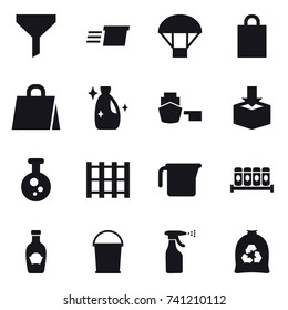 16 vector icon set : funnel, delivery, parachute, shopping bag, cleanser, measuring cup, bucket, sprayer, garbage bag