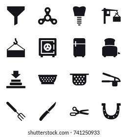 16 vector icon set : funnel, spinner, safe, fridge, toaster, kolander, colander, garlic clasp, big fork, knife, scissors, horseshoe