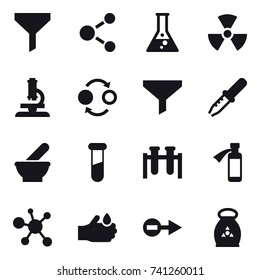 16 vector icon set : funnel, molecule, flask, nuclear, microscope, quantum bond, fertilizer