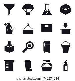 16 vector icon set : funnel, parachute, flask, box, cleanser, fridge, bucket, measuring cup, trash bin, washing powder, toilet cleanser