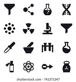 16 vector icon set : funnel, molecule, round flask, dna, round around, nuclear, microscope, fertilizer