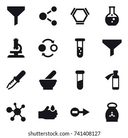 16 vector icon set : funnel, molecule, hex molecule, round flask, microscope, quantum bond, vial, fertilizer