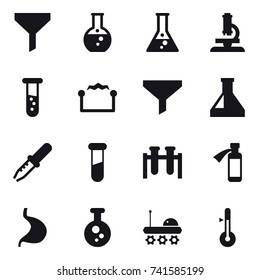 16 vector icon set : funnel, round flask, flask, microscope, vial, electrostatic, thermometer