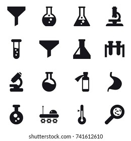 16 vector icon set : funnel, round flask, flask, microscope, vial, thermometer, viruses