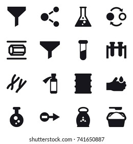 16 vector icon set : funnel, molecule, flask, quantum bond, nanotube, fertilizer, washing powder