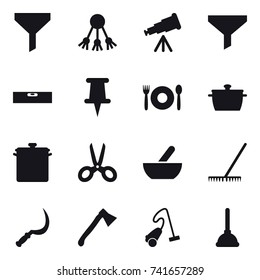 16 vector icon set : funnel, share, telescope, level, cafe, pan, scissors, mortar, rake, sickle, axe, vacuum cleaner, plunger