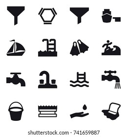 16 vector icon set : funnel, hex molecule, sail boat, pool, flippers, surfer, water tap, bucket, sponge, hand and drop, floor washing