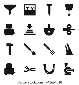 16 vector icon set : funnel, tools, nail, toaster, big spoon, big fork, knife holder, scissors, horseshoe, water pump