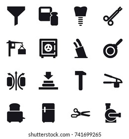 16 vector icon set : funnel, scales weight, safe, stands for knives, pan, garlic clasp, scissors, water pump