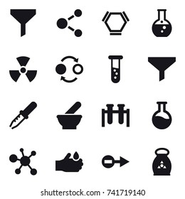 16 vector icon set : funnel, molecule, hex molecule, round flask, nuclear, quantum bond, vial, fertilizer