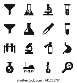 16 vector icon set : funnel, flask, microscope, vial, thermometer, viruses