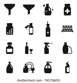 16 vector icon set : funnel, cleanser, pills bottle, wine, sprayer, shampoo, dish cleanser, liquid soap, toilet cleanser