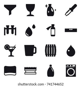 16 vector icon set : funnel, wineglass, cleanser, level, cocktail, cup, barrel, drop, sponge, washing machine