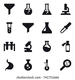 16 vector icon set : funnel, round flask, flask, microscope, vial, thermometer, viruses