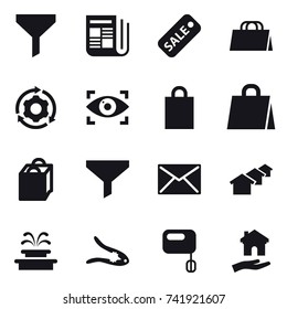 16 vector icon set : funnel, newspaper, sale, shopping bag, around gear, eye identity, mail, houses, fountain, walnut crack, housing