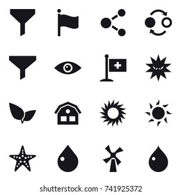 16 vector icon set : funnel, flag, molecule, quantum bond, house, sun, starfish, drop, windmill