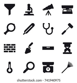 16 vector icon set : funnel, microscope, telescope, market scales, magnifier, brick wall, construction, level, thermometer, kitchen scales, rake