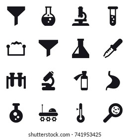 16 vector icon set : funnel, round flask, microscope, vial, electrostatic, thermometer, viruses