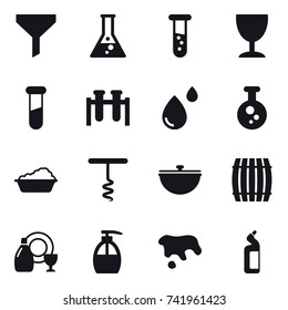 16 vector icon set : funnel, flask, vial, wineglass, washing, corkscrew, cauldron, barrel, dish cleanser, liquid soap, spot, toilet cleanser