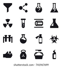 16 vector icon set : funnel, molecule, round flask, flask, nuclear, vial, nanotube, fertilizer, washing powder, toilet cleanser