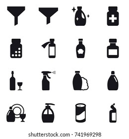 16 vector icon set : funnel, cleanser, pills bottle, wine, sprayer, shampoo, dish cleanser, liquid soap, cleanser powder, toilet cleanser