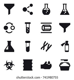 16 vector icon set : funnel, molecule, round flask, flask, quantum bond, vial, nanotube, washing powder