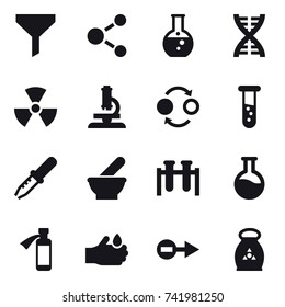 16 vector icon set : funnel, molecule, round flask, dna, nuclear, microscope, quantum bond, vial, fertilizer