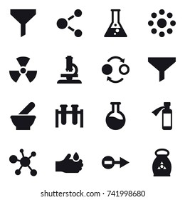 16 vector icon set : funnel, molecule, flask, round around, nuclear, microscope, quantum bond, fertilizer