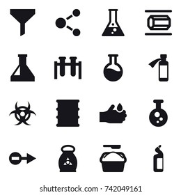 16 vector icon set : funnel, molecule, flask, nanotube, fertilizer, washing powder, toilet cleanser