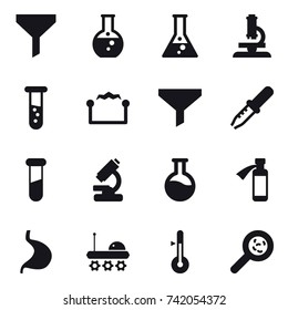16 vector icon set : funnel, round flask, flask, microscope, vial, electrostatic, thermometer, viruses