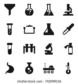 16 vector icon set : funnel, round flask, flask, microscope, vial, electrostatic, thermometer