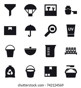 16 vector icon set : funnel, parachute, tools, uv cream, bucket, cauldron, measuring cup, garbage bag, package, washing powder