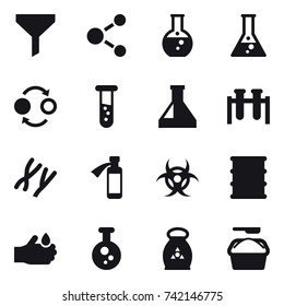 16 vector icon set : funnel, molecule, round flask, flask, quantum bond, vial, fertilizer, washing powder