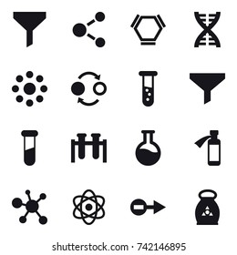 16 vector icon set : funnel, molecule, hex molecule, dna, round around, quantum bond, vial, fertilizer