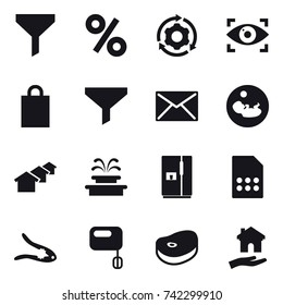 16 vector icon set : funnel, percent, around gear, eye identity, shopping bag, mail, houses, fountain, fridge, walnut crack, housing