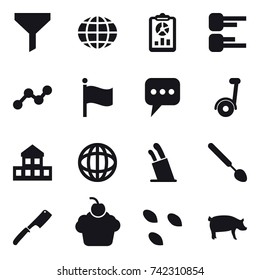 16 vector icon set : funnel, globe, report, diagram, graph, flag, message, cottage, stands for knives, big spoon, chef knife, seeds, pig