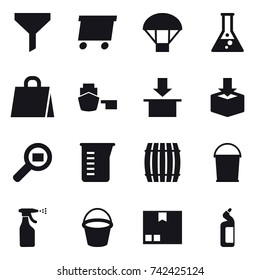 16 vector icon set : funnel, delivery, parachute, flask, shopping bag, measuring cup, barrel, bucket, sprayer, package, toilet cleanser