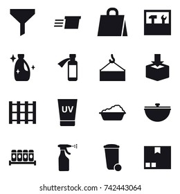 16 vector icon set : funnel, delivery, shopping bag, tools, cleanser, uv cream, washing, cauldron, sprayer, trash bin, package