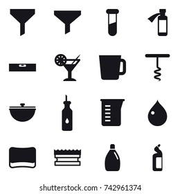 16 vector icon set : funnel, level, cocktail, cup, corkscrew, cauldron, measuring cup, drop, sponge, cleanser, toilet cleanser