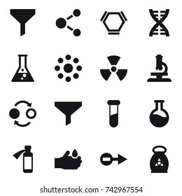 16 vector icon set : funnel, molecule, hex molecule, dna, flask, round around, nuclear, microscope, quantum bond, fertilizer