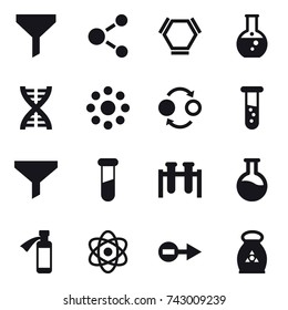 16 vector icon set : funnel, molecule, hex molecule, round flask, dna, round around, quantum bond, vial, fertilizer