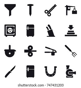 16 vector icon set : funnel, nail, safe, fridge, stands for knives, garlic clasp, big fork, knife, horseshoe, water pump