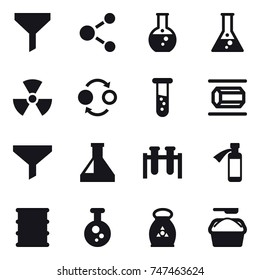 16 vector icon set : funnel, molecule, round flask, flask, nuclear, quantum bond, vial, nanotube, fertilizer, washing powder